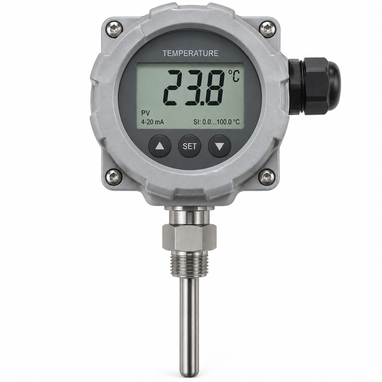 Indicador de temperatura de campo con display LCD y sonda