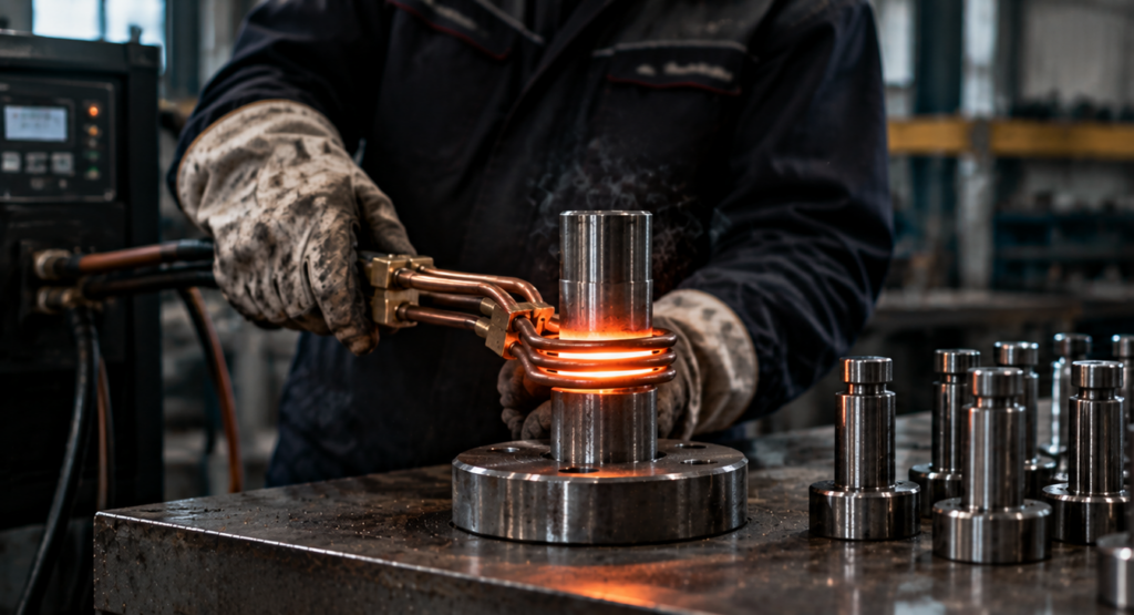 Soldadura por inducción industrial sobre componente metálico